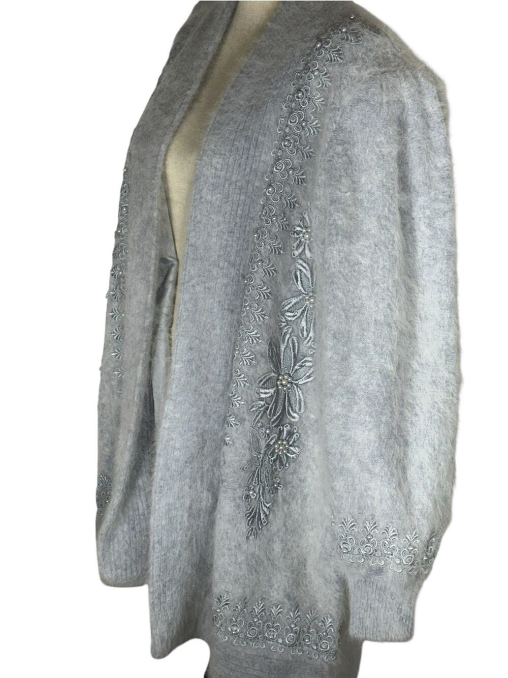 Vintage Angora Baby Blue Floral Embroidered Pearl Duster Women's S Cottage Pearl